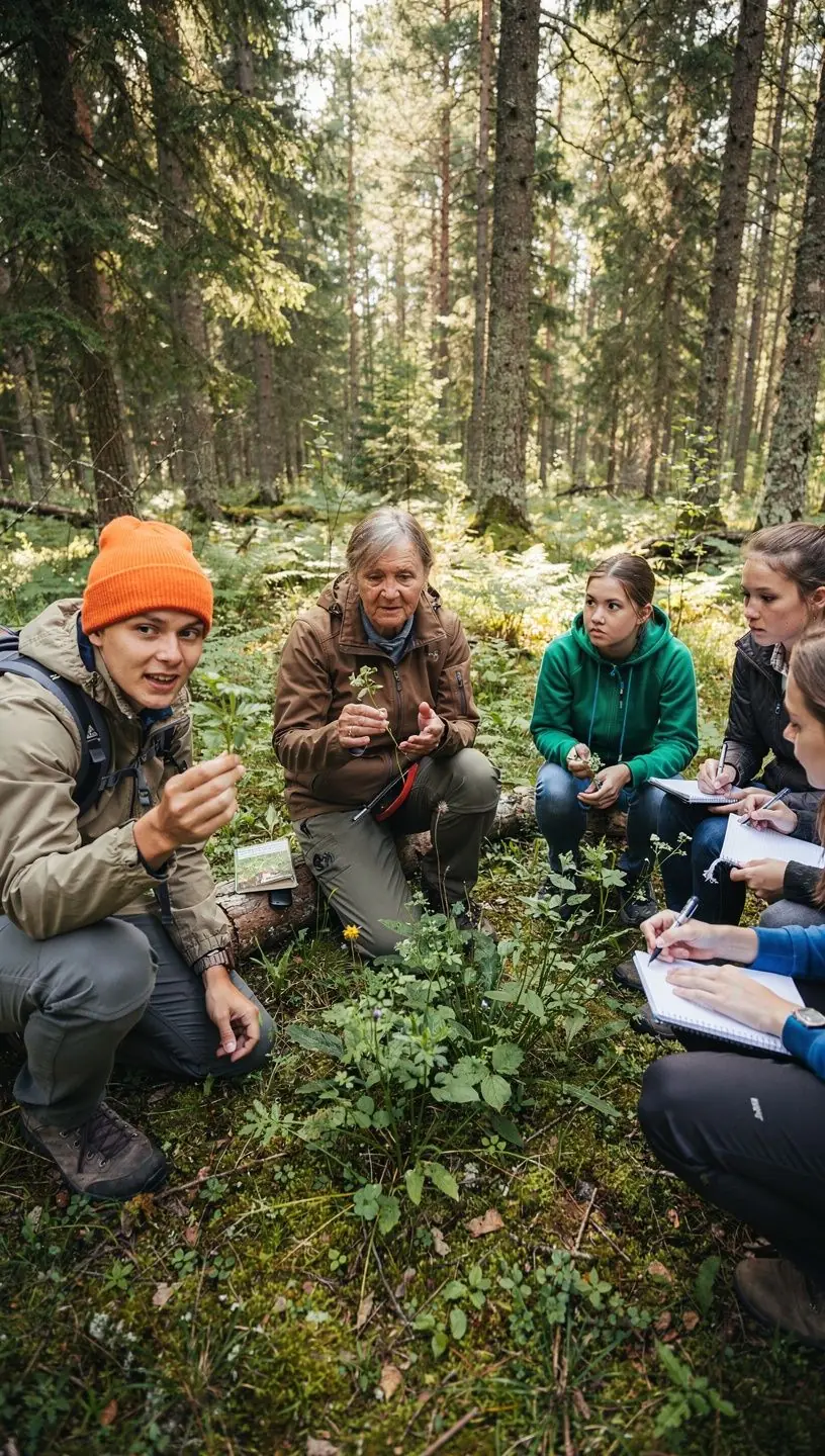 Osalejaid õppimas lõkke tegemist ja vee puhastamist metsaõppel.